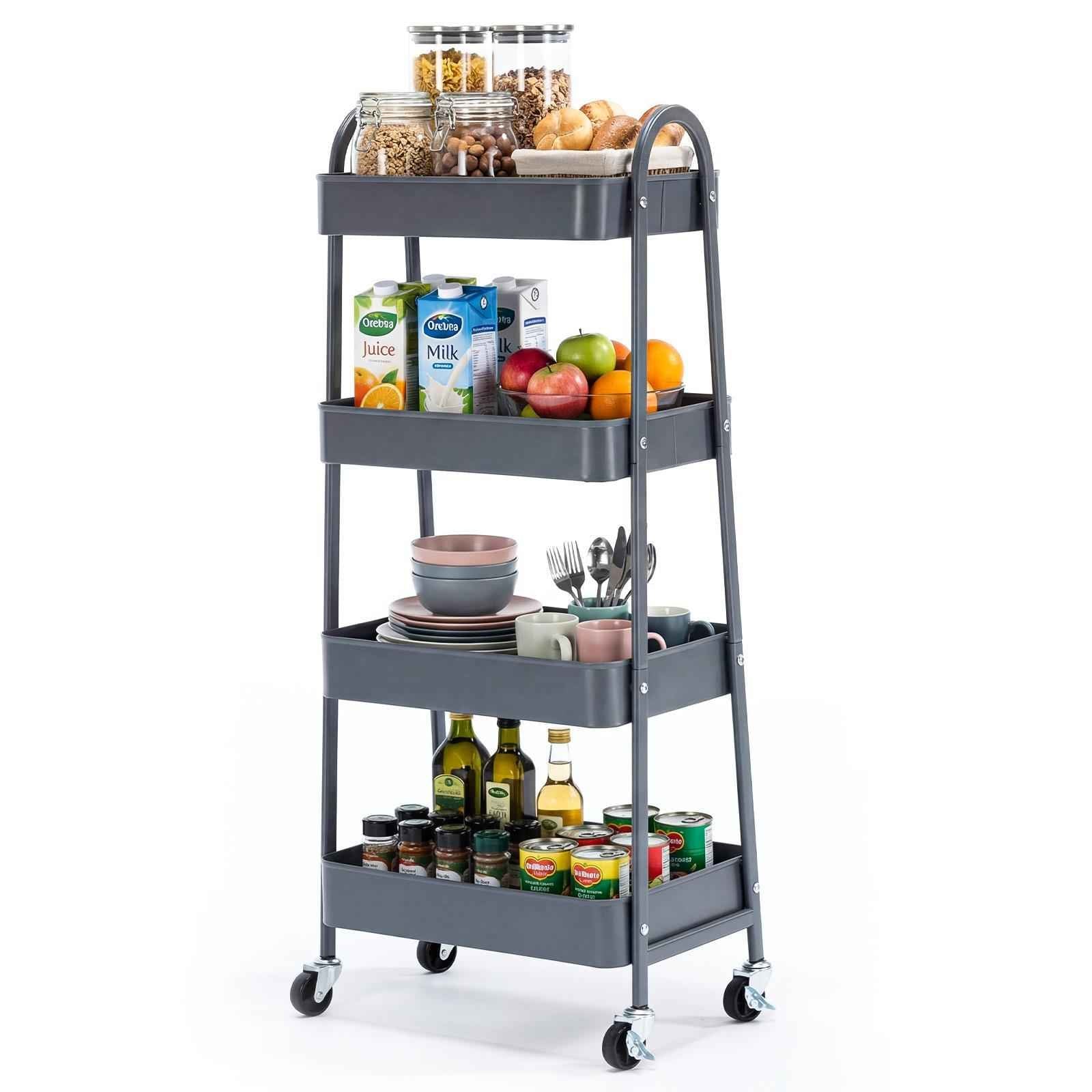 Four-layer Practical Mobile Trolley, Metal Movable Storage Rack, With Lockable Casters