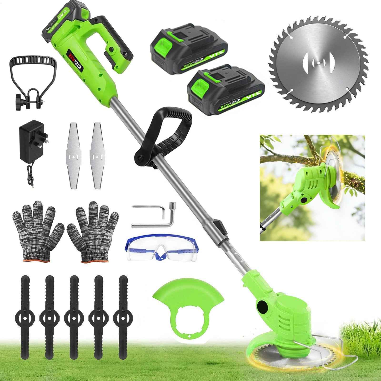 2Battery 21V Cordless Strimmer Grass Trimmer Electric Tree Garden Weed Cutter UK